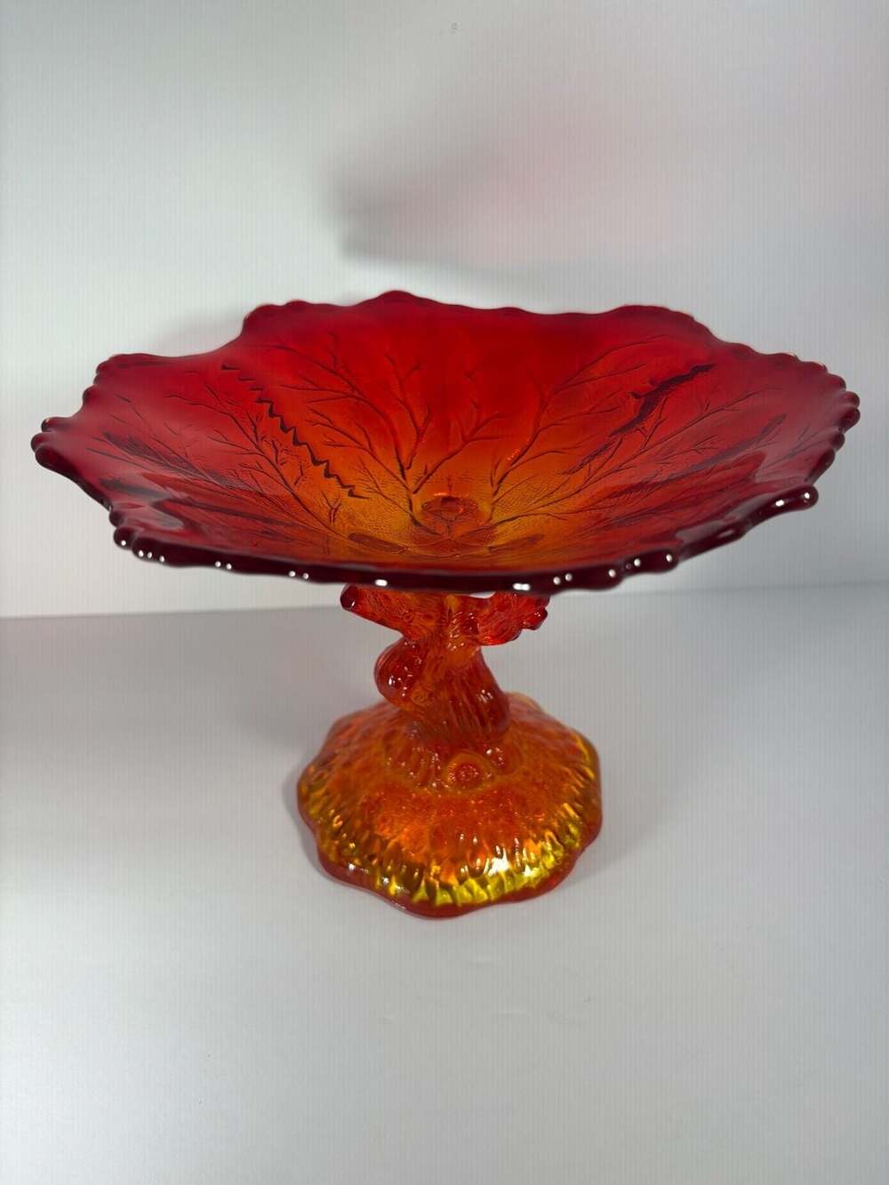 LG Wright Glass Company Amberina Dolphin Compote Pedestal Dish Ruffled Top
